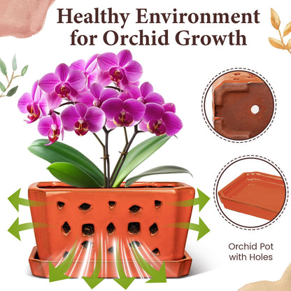 Teenyyou 1 Set Orchid Pot with Holes 9.5 Inch Ceramic Orchid Pot with Saucers for Repotting Amaryllis Flower Planter Include Gardening Shovel Set and Gloves for Home Decor(Terracotta)