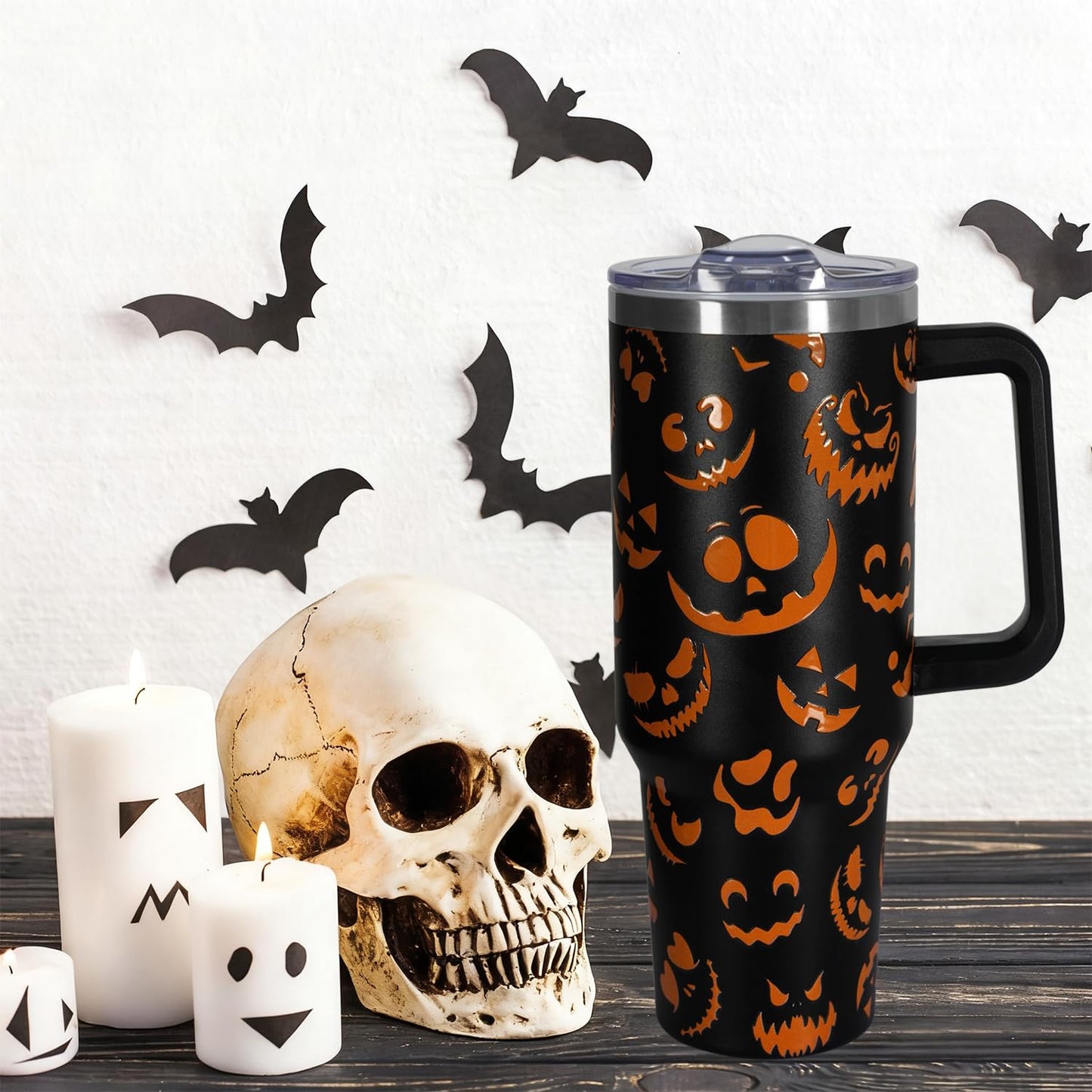 CHOKOMETRY 40 oz Halloween Tumbler With Handle Lid and Straw,5D Orange Pumpkin Ghost Face Print Tumblers,Halloween Stainless Steel Insulated Travel Mug Black Coffee Cup Gifts for Women Men Adults
