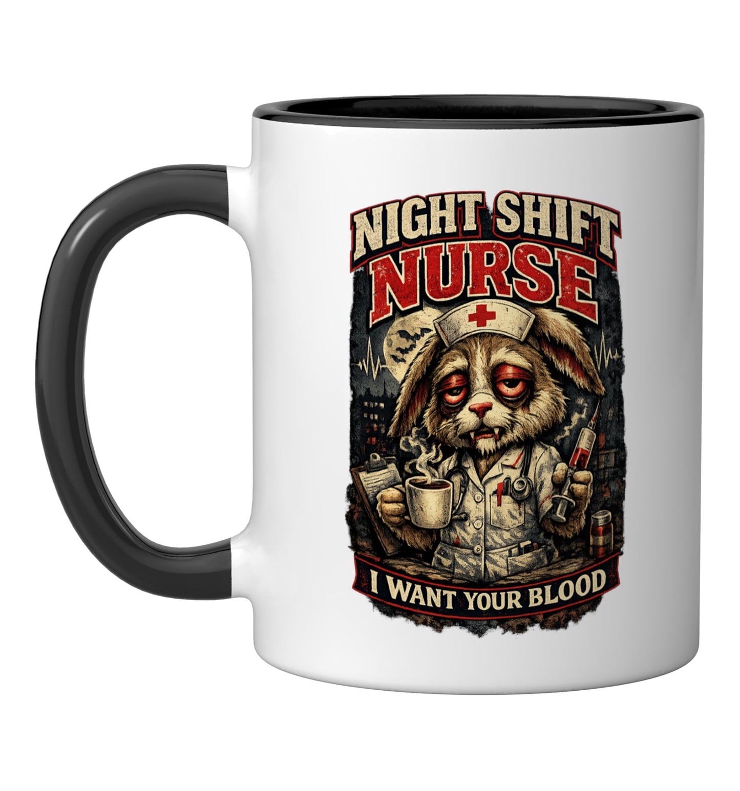 Night Shift Nurse I Want Your Blood Funny Halloween Ceramic Mug, Black/White