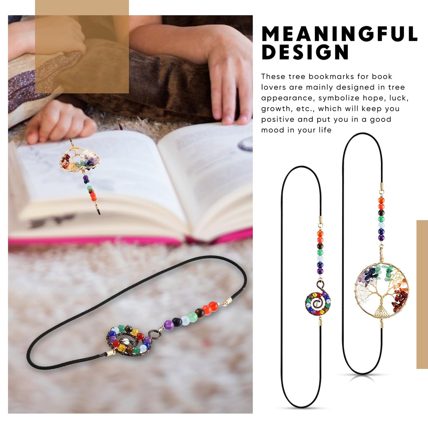 Sabary 4 Pieces Crystal Bookmarks for Book Lovers Tree Elastic Bookmark for Women Handmade Antique Beading 7 Chakra Crystals Tree Shape for Office Teacher Student Reading Birthday Gifts