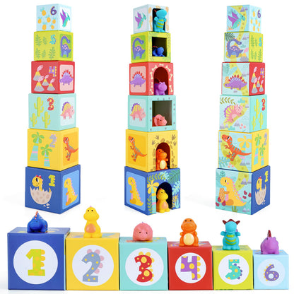KMTJT Toddlers and Babies Dinosaur Sorting and Stacking Toys Blocks for 1-3 Kids Preschool Learning, Numbers Nesting Boxes Montessori Toys Gifts for 1 2 3 Year Old Baby Boys Girls