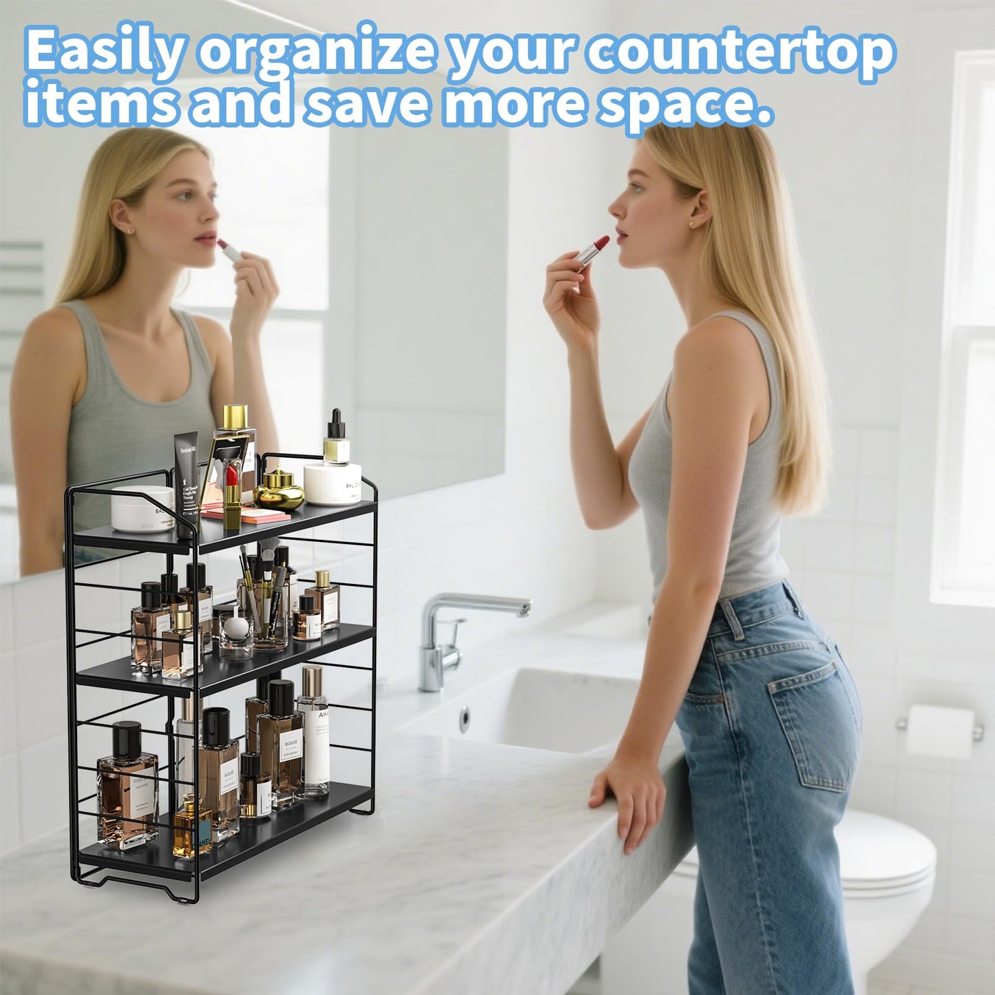 MAYZOLOP Bathroom Counter Organizer, Makeup Organizer Countertop, Countertop Storage Shelf for Bathroom Storage, Vanity, Large Skincare, Perfume, Black 3 Tier