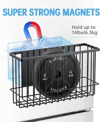 NiHome Magnetic Metal Basket Organizers, 2PCS Medium & Small, Versatile Storage for Kitchen & Office Holds Up to 14 lbs, Easy Attach to Refrigerator or Any Magnetic Surface(Black)