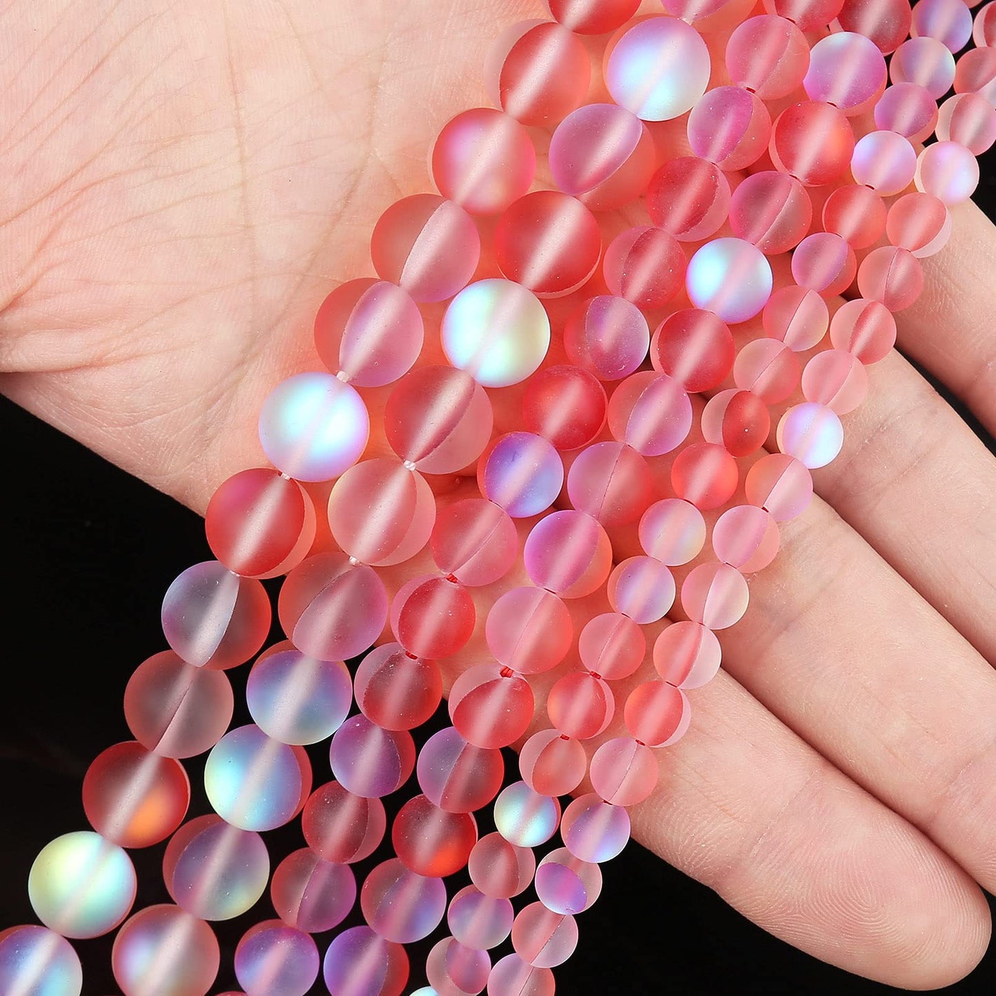 Matte Red Aurora Crystal Glass Beads, 6MM Frosted Glitter Shining Mermaid Round Loose Beads, Rainbow Holographic Synthetic Moonstone for Jewelry Making DIY Bracelet