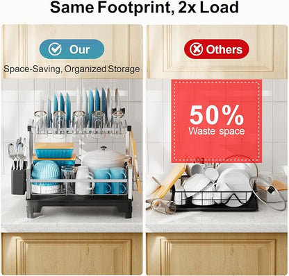 GSlife Stainless Steel Dish Drying Rack 2 Tier, Compact Dish Racks for Kitchen Counter with Cutting Board Holder, Auto-Drain Spout, Rust Proof Dish Drainer for Apartment, 21" L x 12.6" W, Silver
