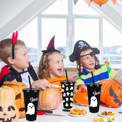 JarThenaAMCS 12 Pcs Halloween Ghost Party Cups with Lids Straws Cute Ghost Boo Plastic Tumblers Black White Reusable Water Bottle for Hot Cold Drinks Birthday Party Baby Shower Table Decor, 24 Oz