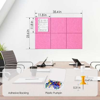 MaxGear Large Cork Board for Wall 36" x 24", Pink Bulletin Board, 6 Pack Felt Wall Tiles with Pushpins, Cork Boards for Office Pin Board Tack Board Cork Boards