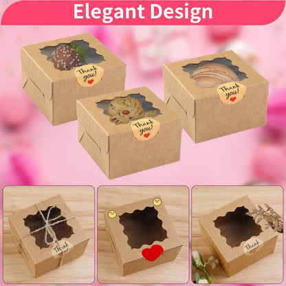 WINKIO 48 Pcs White Cookie Boxes, 4x4x2.5 Inches Bakery Boxes with Window, for Mini Cake Treat Dessert Pastry Donuts Macaroon Strawberries Chocolate Candy (with Stickers)