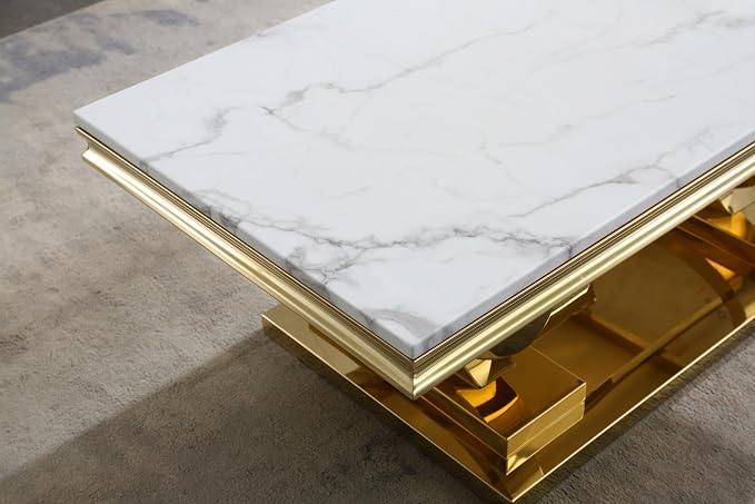 2 Piece Living Room Table Set Include 1 Faux Marble Coffee Table & 1 End Table, Modern White Gold Coffee Table Set of 2 with Double O Shape Stainless Steel Pedestal Base