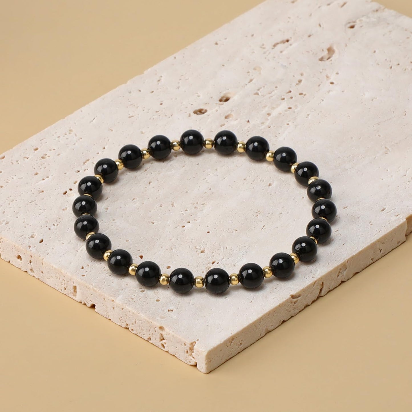 QOGIR Black Tourmaline - Psychic Protection - 14K Gold Plated Beads Natural Gemstone Stretch Elastic Dainty Healing Beaded Bracelets Gifts 6mm