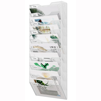 EasyPAG 10 Pocket Mesh Wall File Organizer, Hanging Paper Folder Holder with Classify Label, Vertical Wall Mount Mail Organizer for Office Home Classroom, White