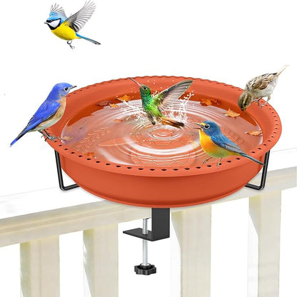 Bird Baths for Outdoors, Rustproof Metal Clamp Birdbaths & Birdfeeder with Detachable Plastic Basin, Outdoor Bird Feeding & Watering Station for Wild Birds Garden Patio Balcony (Brown)
