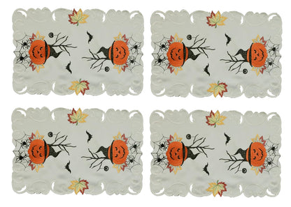 Creative Linens 4PCS Halloween Placemats 11x17”, Embroidered Spooky Pumpkin Bats Spider Web Tray Cloth, Ivory, Set of 4 Pieces