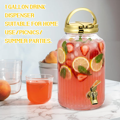 SiliFine 2 Pieces 1 Gallon Plastic Beverage Dispenser with Spigot Striped Clear Large Drink Beverage Dispenser Summer Fridge Water Container with Tap for Party Iced Tea, Sangria, Lemonade(Gold)