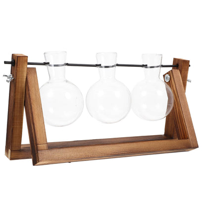 SEWACC Hydroponic Glass Planter with Wooden Stand, Desktop Flower Vase for Indoor Plant Display, Office and Home Table Decoration, Glass Flower Pot Terrarium Container