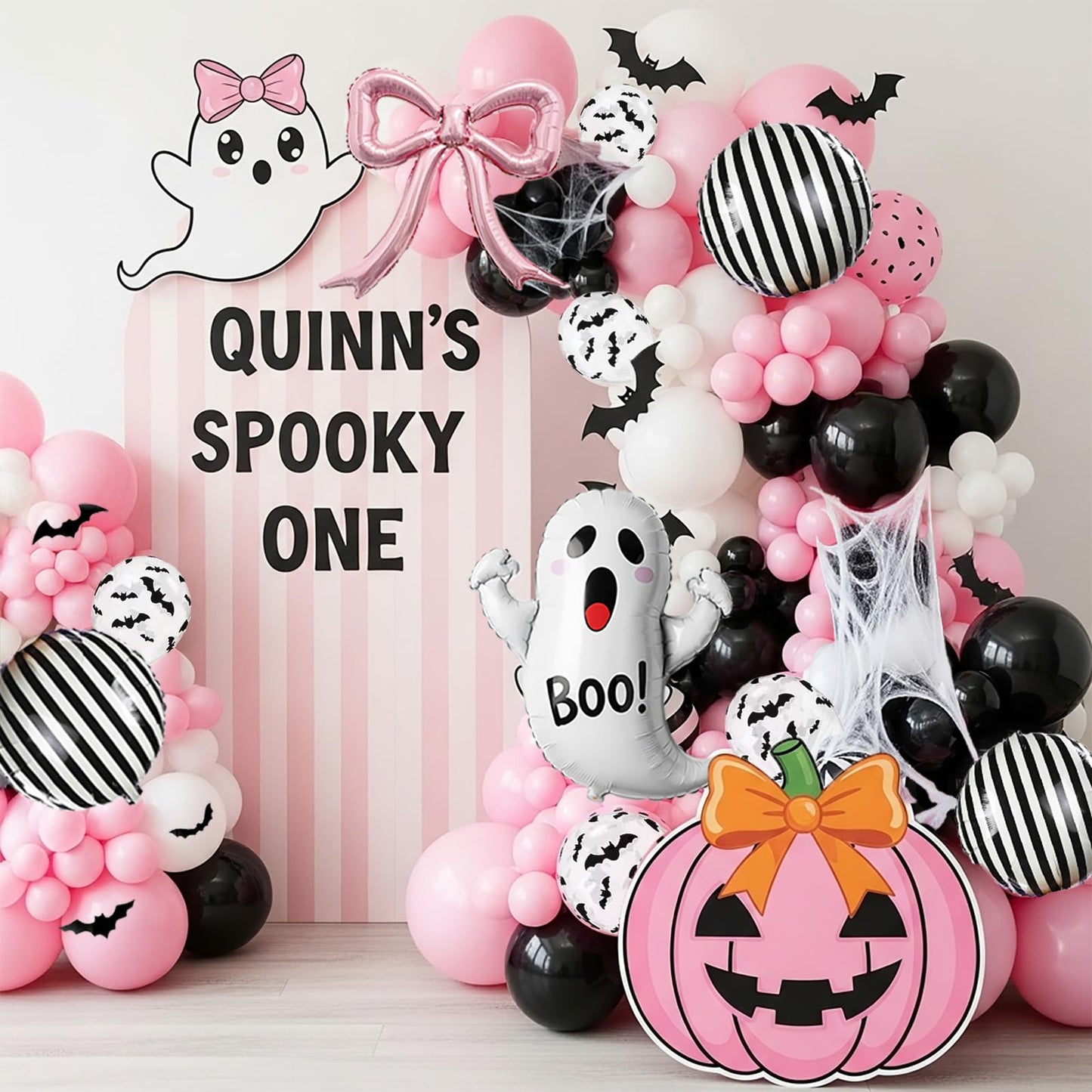 Spooky Halloween Balloon Garland Arch Kit Pink Black Balloons with 3D Bat Ghost Foil Balloons Spider Web for Girls Halloween Birthday Baby Shower BOO Day Party Decorations