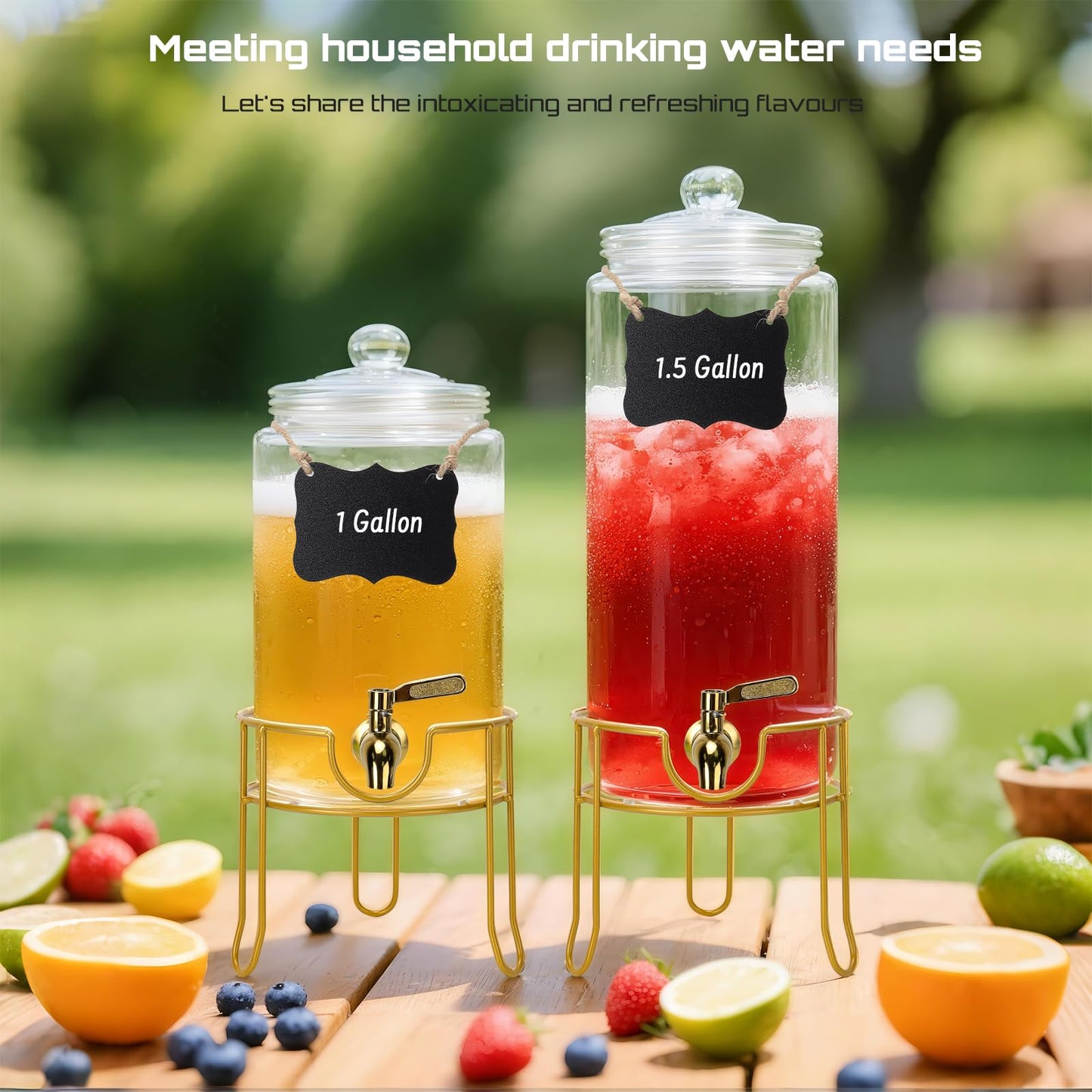 DHSBTLS 1.5 Gallon Glass Drink Dispensers, Round Beverage Dispenser for Party, BBQ and Picnic, Clear Airtight Juice Dispenser with Golden Stand, Stainless Steel Spigot, Markers and Chalkboard