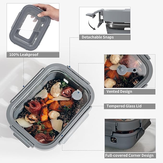 GENICOOK Glass Meal Prep Containers with Glass Lids, 5 Pack 22 oz Airtight Food Storage Containers with Silicone Sleeves, BPA-Free Borosilicate Glass, Microwave Freezer Safe