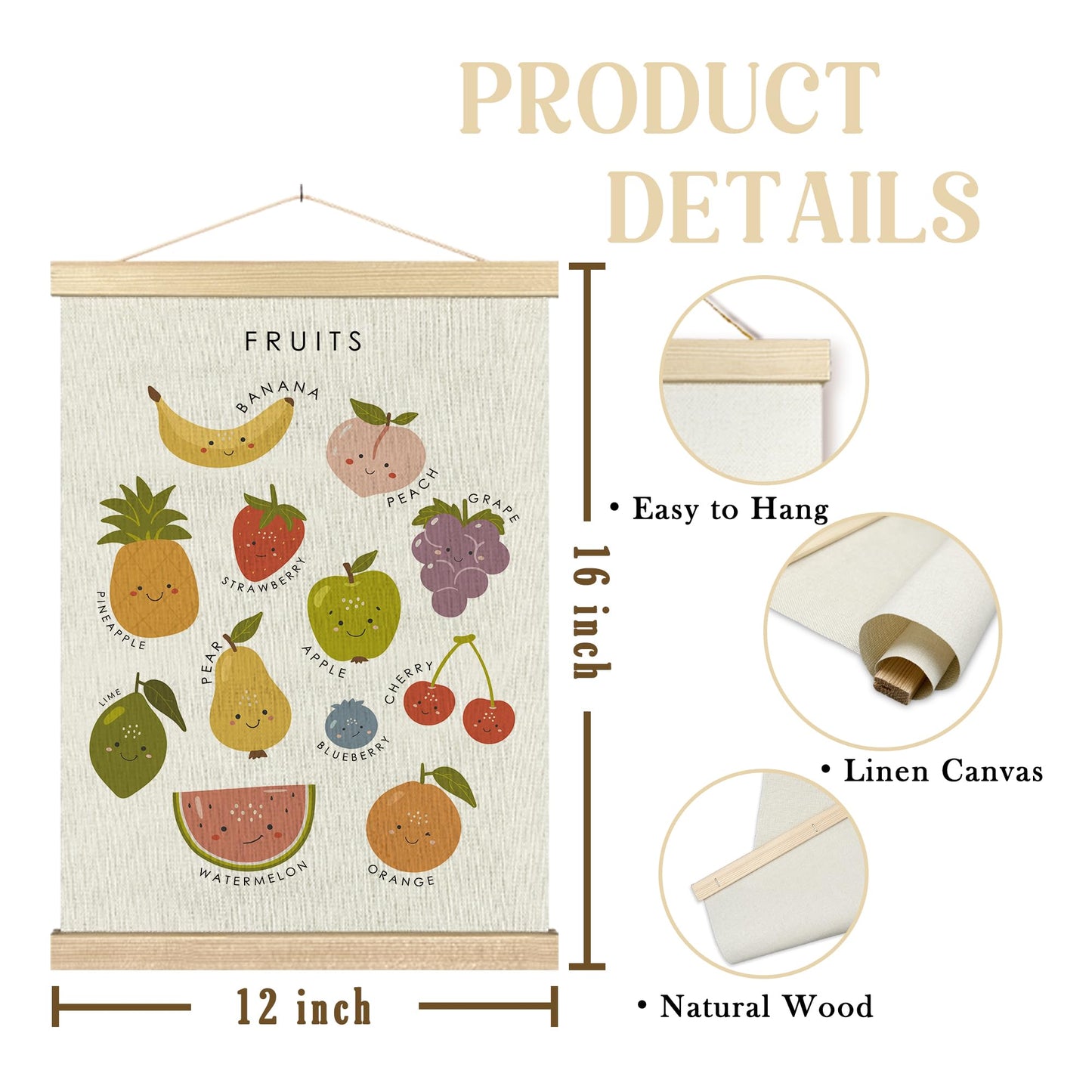 BCUANGD Fruits Vegetables Wall Decor - Toddlers Kids Preschool Poster Hanger with Wood Frames, Fruits Educational Learning Wall Hanging Canvas Decor for Kids Room Nursery Home, 12x16 Inches