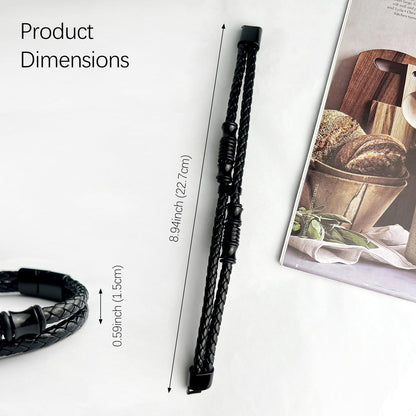 Tienyuu Men’s Double-Row Braided Leather Bracelet with Stainless Steel Ornaments – Black Leather Wristband Bangle