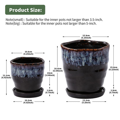 Pkeo Bbun 4+6 Inch Ceramic Planter Set of 2 with Drainage Hole,Saucer for Plants, Indoor-Outdoor Round Succulent Orchid Flower Pot- Cement Paint, Inner-pots not Larger Than 5 Inch Reactive Glaze Spot