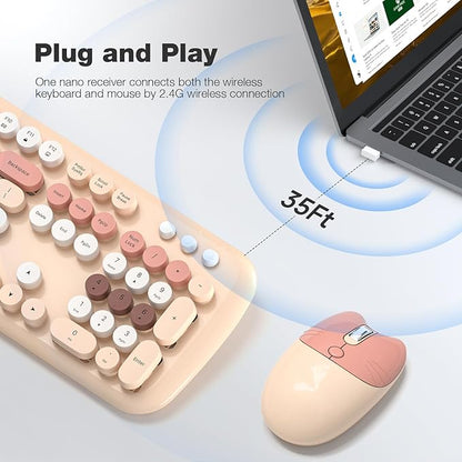 MOFII Wireless Keyboard and Mouse Combo, 2.4G Full-Size Retro Typewriter Computer Keyboard and 3 Level Adjustable Wireless Mouse for Windows, Mac OS Desktop/Laptop/PC-Milk Tea Colorful