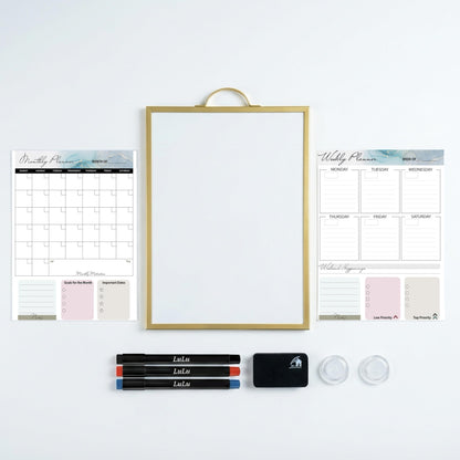 Lulu Office Magnetic Dry Erase Board 12x16 with Handle, Double Sided Portable Gold Whiteboard for Home, Office, School & Kitchen, Includes Weekly & Monthly Magnetic Planner Sheets