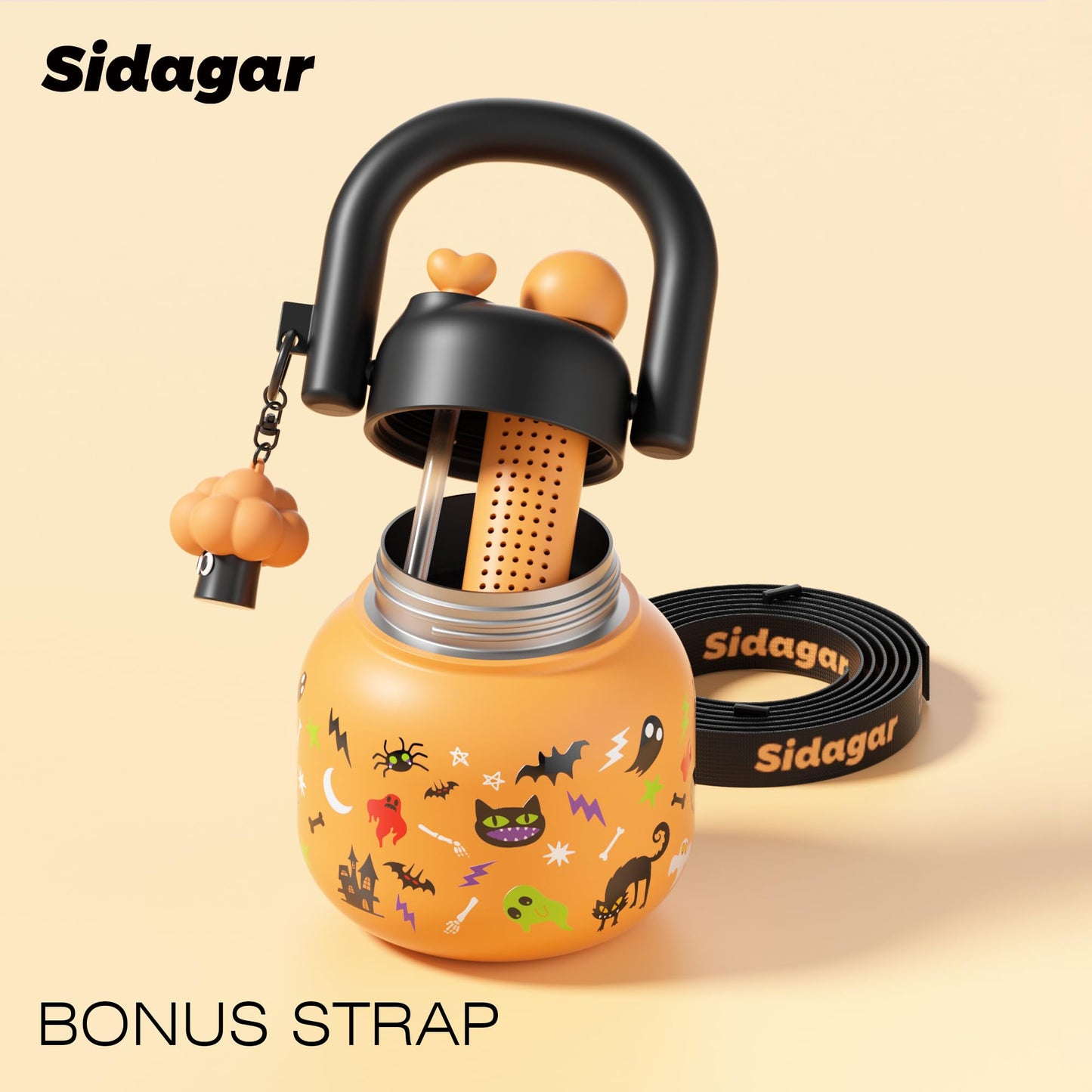 Sidagar 22 oz Tote Water Bottle with Straw and Carry Handle, Wide Mouth Vacuum Insulated Stainless Steel Tumbler, Travel Coffee Cup for Women Easy Carry, Halloween