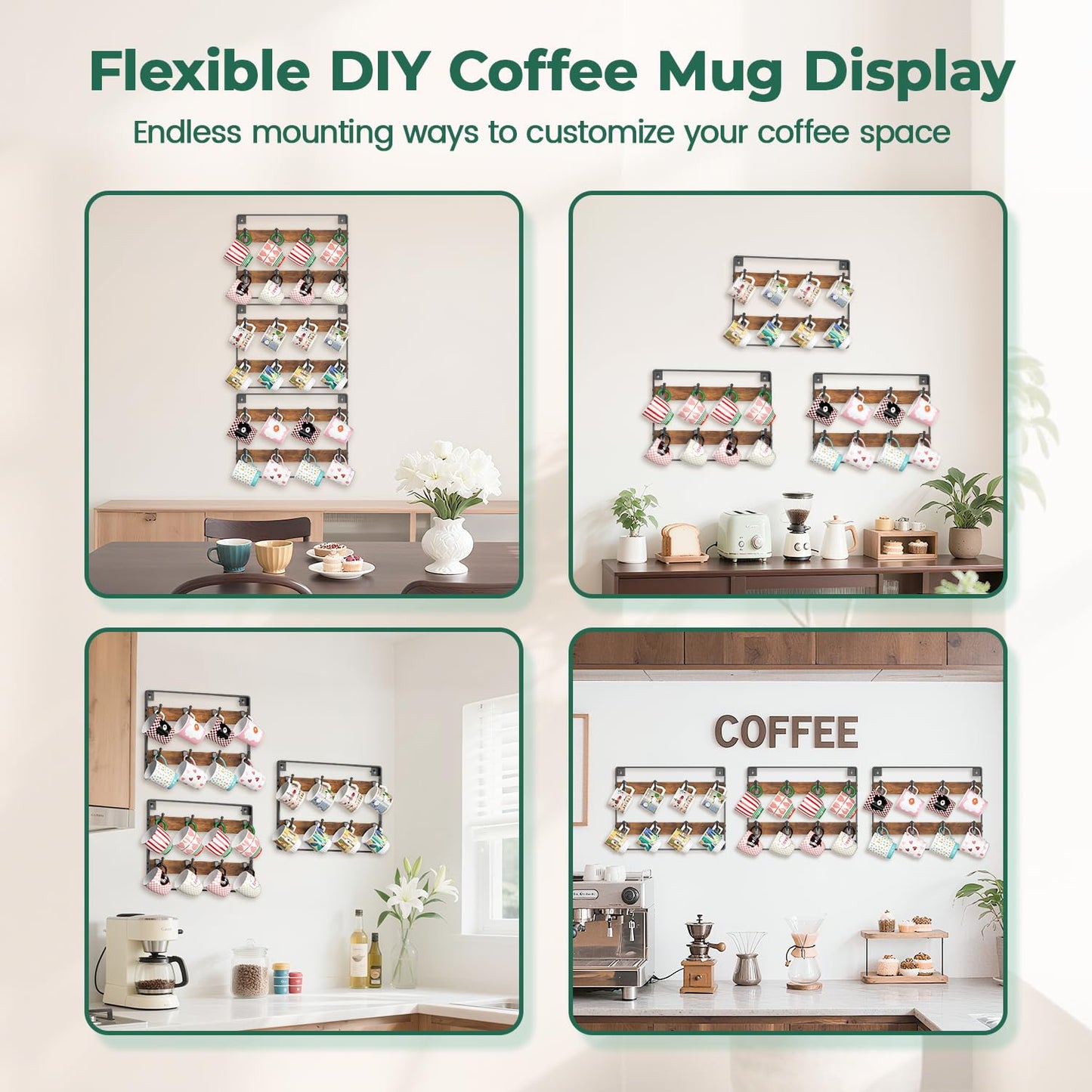 EsLuker.ly Mug Holder Hanger Rack Wall Mounted Wooden 3 Pack Coffee Cup Storage Organizer Display Shelf with 24 Movable Plastic Hooks, Ideal for Mug Collectors