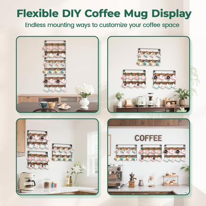EsLuker.ly Mug Holder Hanger Rack Wall Mounted Wooden 3 Pack Coffee Cup Storage Organizer Display Shelf with 24 Movable Plastic Hooks, Ideal for Mug Collectors