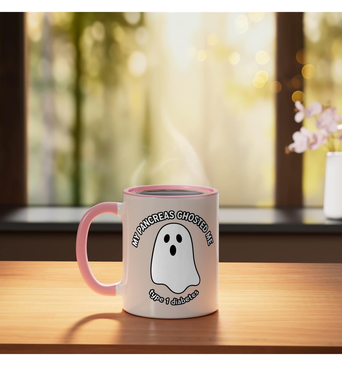 Halloween Type 1 Diabetes Ghost MY PANCREAS GHOSTED ME - T1D Ceramic Mug, Pink/White