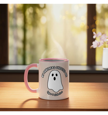 Halloween Type 1 Diabetes Ghost MY PANCREAS GHOSTED ME - T1D Ceramic Mug, Pink/White