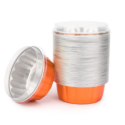 Beasea Disposable Ramekins for Baking, 8 oz 50 Pack Aluminum Foil Cups with Lids, Disposable Creme Brulee Muffin Cupcake Baking Cup Mini Pudding Cups for Party Wedding Birthday - Orange