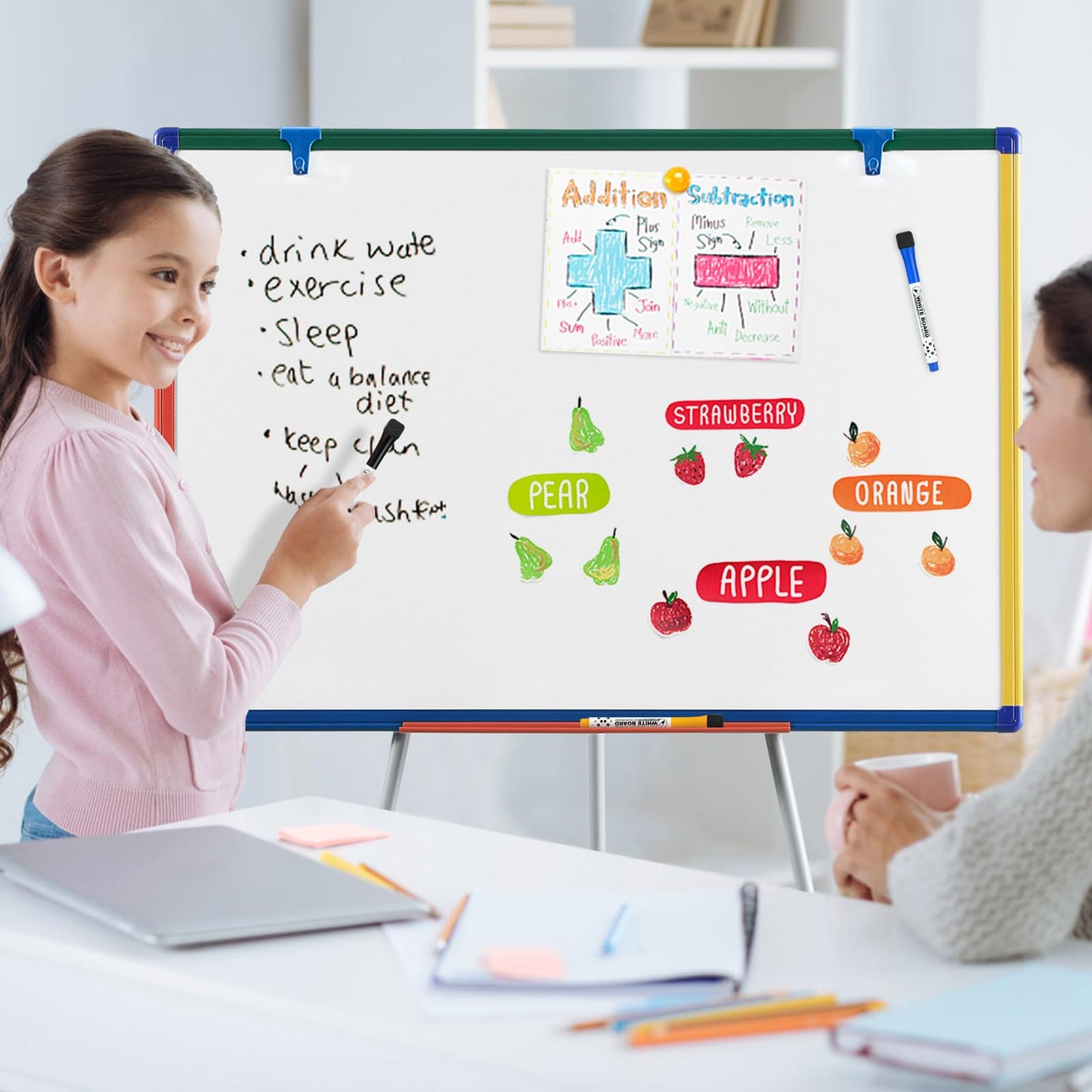 Dry Erase Board with Stand Magnetic Whiteboard for Kids Easel Flipchart Board for Classroom Easel White Board with Stands Teacher Easel, Colorful Frame,36x24 inches
