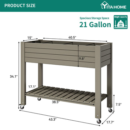 YITAHOME 3.6x1.5x2.8 FT Elevated Garden Bed Kit with Legs and Wheels, Outdoor Large Resin Planter Box Stand with Drain Plug and Storage Shelf for Plants Vegetables Fruits, Light Brown