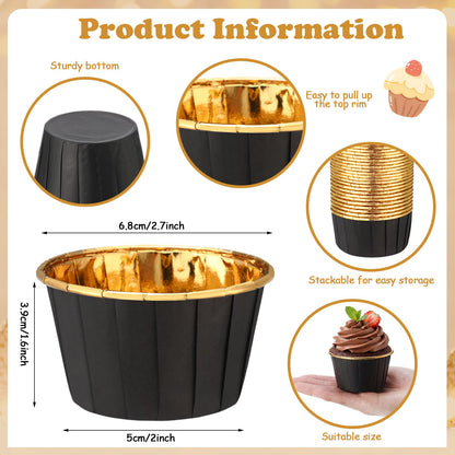 Gandeer 450 Pack Black Gold Cupcake Liners Bulk Disposable Foil Muffin Cups 3.5 oz Wrappers for Baking Aluminum Paper Mini Metallic Halloween Holiday Party Wedding Festival Supply