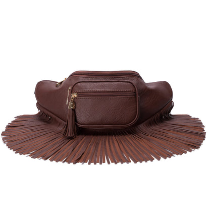 Solene Fringe Waist bag for women with Multi Zipper Pockets - (KL088, Coffee)