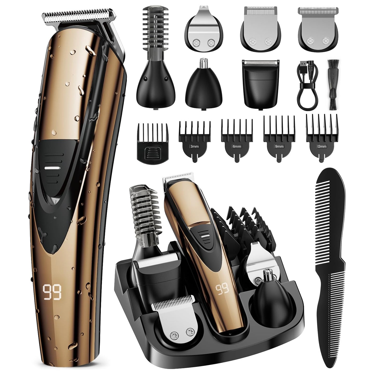 SHPAVVER Beard Trimmer for Men: Professional Barber Hair Clippers - 12-in-1 Cordless Grooming Kit - Waterproof Electric Razor with Turbo Speed & Precision Blades