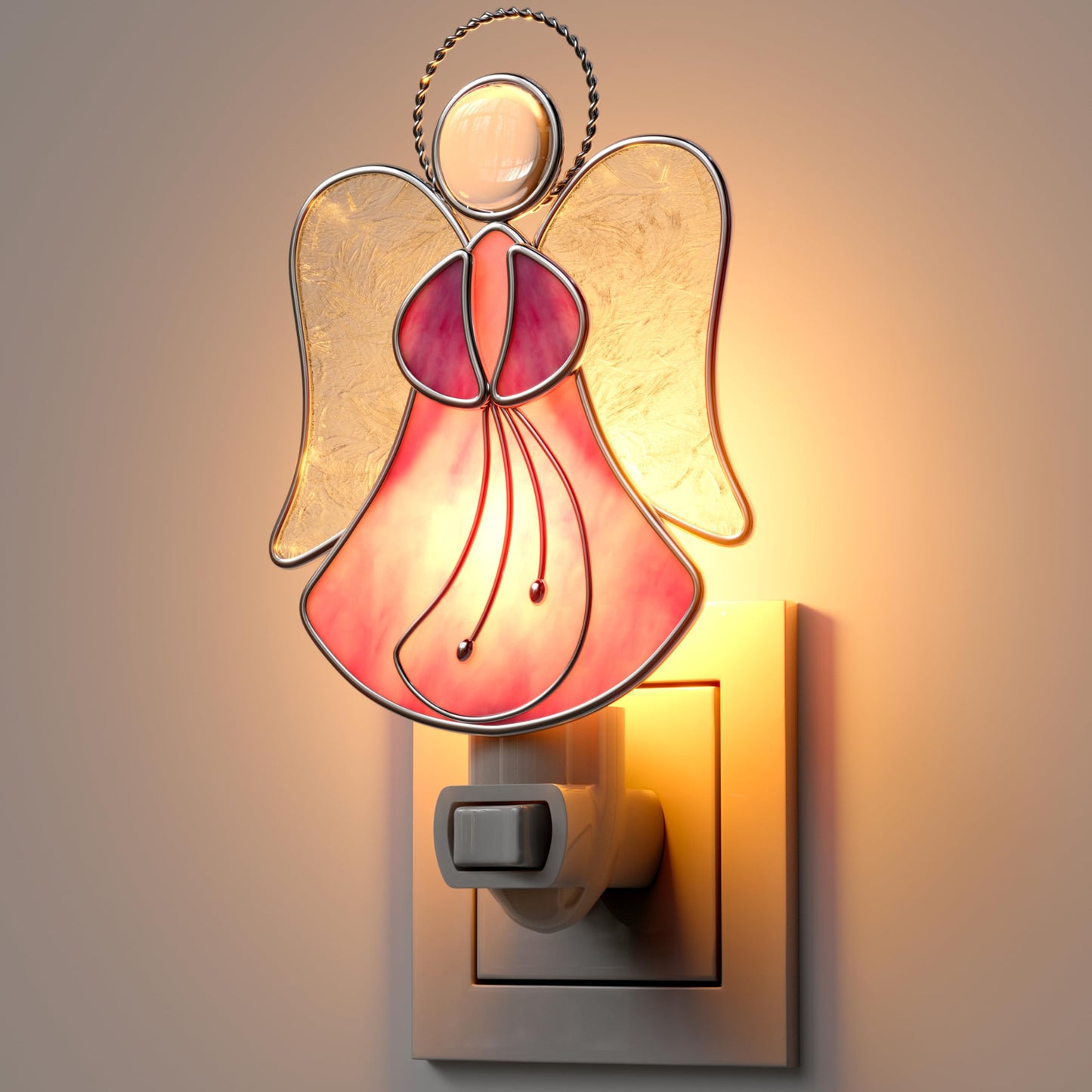 KUNDGLA Pink Angel Night Lights Plug into Wall,Stained Glass Plug in Night Light for Wall Socket Decorative Nightlight for Bedroom Hallway Kitchen Home Gifts for Mom Mother`s Day Birthday Christmas
