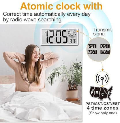 18.5" Extra Large Atomic Clock with Backlight Digital Wall Clock Battery Operated with Charging Function Jumbo LCD Display Clock Time/Calendar/Temperature for Wall Bedroom Classroom