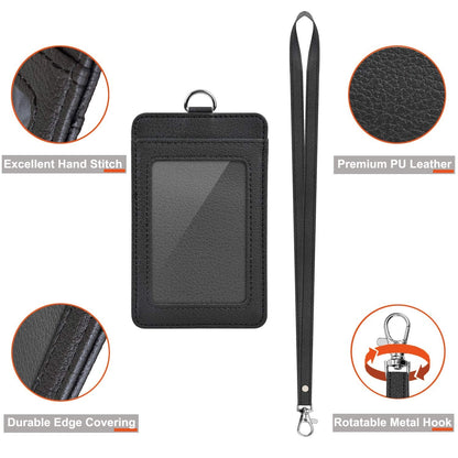3 Pack PU Leather ID Badge Holder, Life-Mate ID Badge Holder with 1 Clear ID Window 1 Credit Card Slot and PU Leather Lanyard for Badge Credit Cards College ID Cards in Black