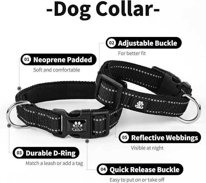 IVY&LANE Reflective Dog Collar and Leash Set,Adjustable Neoprene Padded Dog Collars for Puppy, Breathable Nylon Pet Collar for Small Medium Large Dogs (Large,Black)