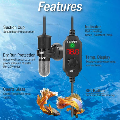 30W Mini Aquarium Heater for 4-6 Gallon Tanks | Submersible Fish Tank Heater with Digital Thermostat, Dry-Run & Overheat Protection, Memory Function