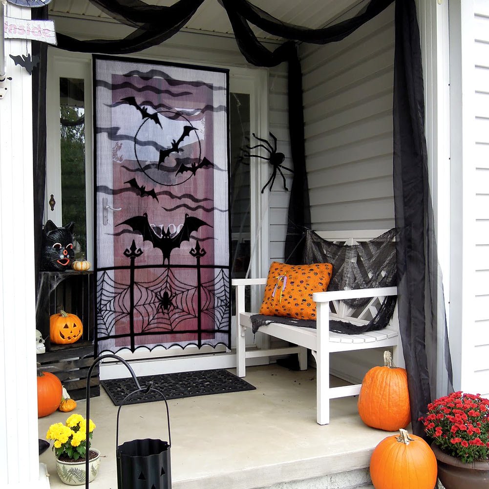 OurWarm 2Pcs Halloween Curtains 84 Inches Long, Spider Web Bats Halloween Black Lace Door Curtains, Halloween Kitchen Curtains, Halloween Curtains for Living Room Halloween Window Decor, 40 x 84 Inch