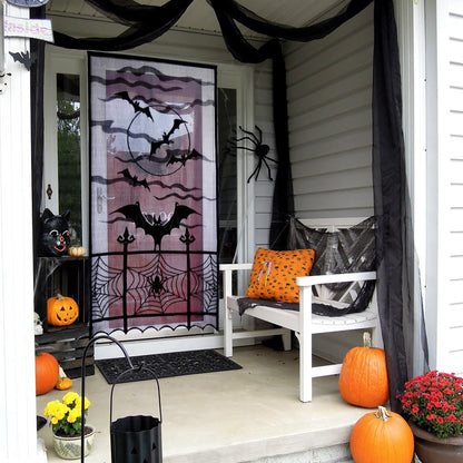 OurWarm 2Pcs Halloween Curtains 84 Inches Long, Spider Web Bats Halloween Black Lace Door Curtains, Halloween Kitchen Curtains, Halloween Curtains for Living Room Halloween Window Decor, 40 x 84 Inch