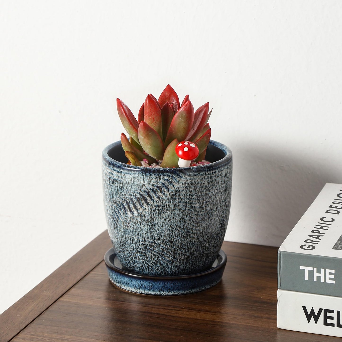 Pkeo Bbun 4+6 Inch Ceramic Planter Set of 2 with Drainage Hole and Saucer for Plants, Indoor-Outdoor Large Round Succulent Orchid Flower Pot -Inner-pots not Larger Than 5 Inch Reactive Glaze Blue