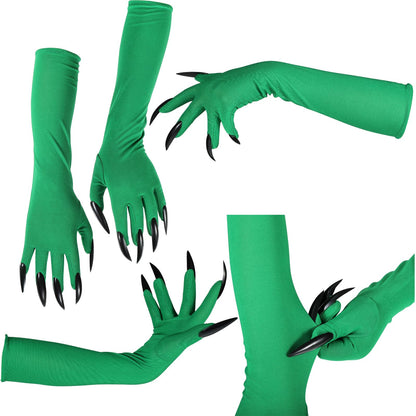 Hlimior 4 Pcs Halloween Witch Costume Set Include Black Witch Hat Broomstick Green Claw Gloves & Glasses,Halloween Costume Accessories for Women Cosplay & Party Fun