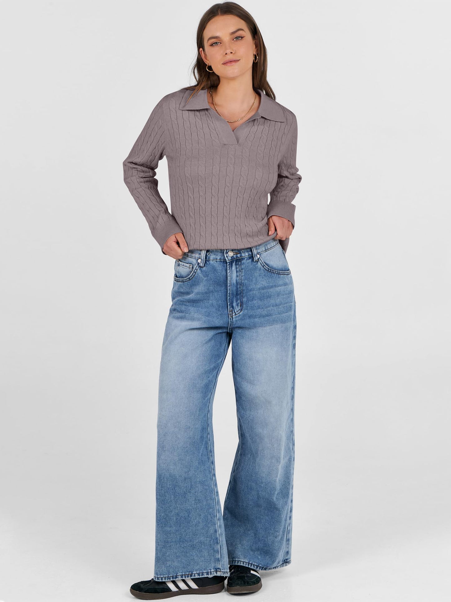 ANRABESS Womens Cable Knit Sweaters Long Sleeve V Neck Sweater Tops Casual Pullover Polo Shirts 2025 Fall Fashion Outfits