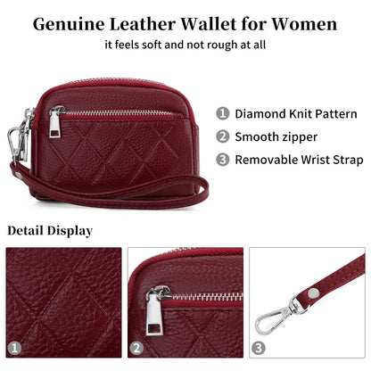 SENDEFN Women's Coin Purse Genuine Leather Wallet 3 Zippers Change Pouch with Wristlet