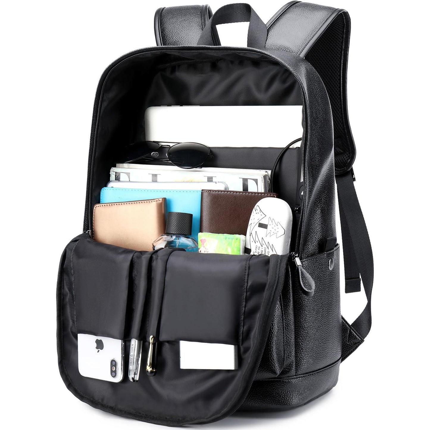 weiatas Black Leather Laptop Backpack for Men Women Work Travel, College School Backpack Casual Daypack fits 15.6 Inch